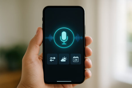 male hand holding smartphone with voice assistant on screen in the living roomの素材