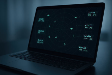 Close up of a laptop with a radar screen on the screen.の素材