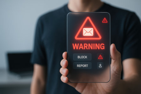 Man holding a smartphone with warning and virus alert on the screen.の素材