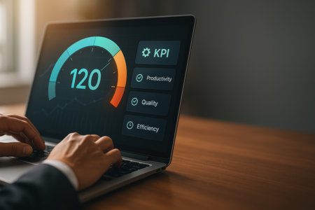 Businessman using laptop with speedometer on screen. Technology and internet concept.の素材