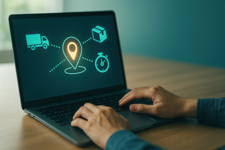 Man using a laptop with delivery concept on the screen. 3d rendering.の素材