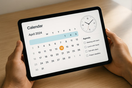 Hands holding digital tablet with calendar on screen. All screen content is designed by meの素材