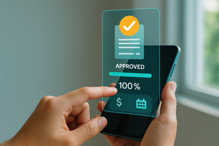 Approved and Approved on Smartphone screen. Business and technology concept.の素材