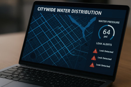 Laptop screen displaying a city map navigation concept. All screen graphics are made up.の素材