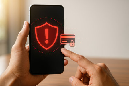 Cyber security and information protection concept. Hand holding smartphone with antivirus shield icon.の素材