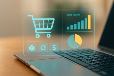 Shopping cart icon on a laptop screen. Online shopping concept.の素材