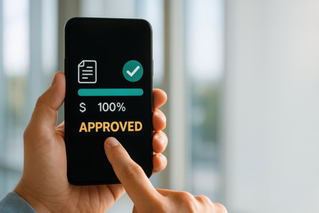 Hand holding smart phone with approved application on screen. Online survey conceptの素材