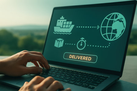 Cargo shipping concept on a laptop screen. Freight transportation and logistics.の素材