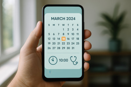 Hand holding smartphone with calendar on screen, closeup. Health care conceptの素材