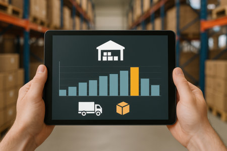 Smart warehouse management system with innovative internet of things technology to identify package picking and delivery. Future concept of supply chain and logistic network business.の素材