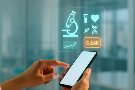 Smartphone screen displaying a medical research and development concept with a female researcher using a smartphoneの素材
