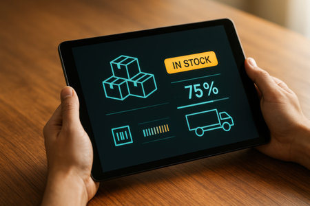 Female hands holding a tablet with stock market automation concept on the screenの素材