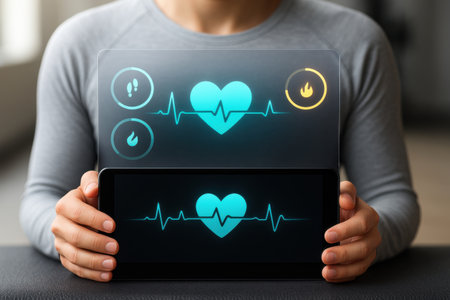 Health care and medical concept. Man holding tablet with heart rate monitorの素材