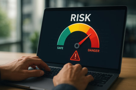 Risk meter concept on laptop screen. Businessman working on laptop.の素材