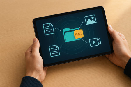 Female hands holding a tablet with file sharing concept on the screen.の素材