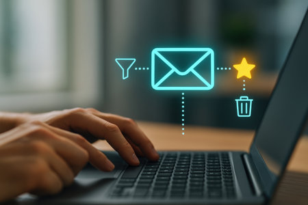 Email marketing concept illustrated by a picture on laptop computer on table backgroundの素材