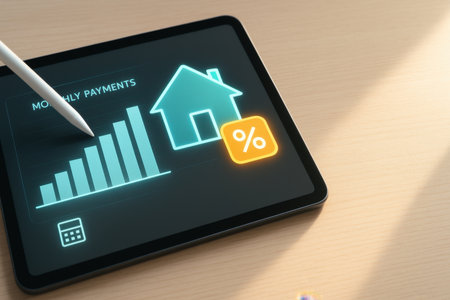 Real estate concept on digital tablet screen. All screen graphics are made up.の素材