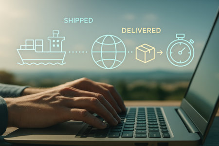 Close up of male hands typing on laptop with shipping and delivery iconsの素材