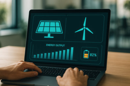 Man using a laptop with renewable energy concept on the screen. Close up.の素材