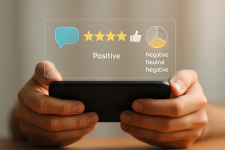 Hand holding mobile phone with rating system on screen at table in roomの素材