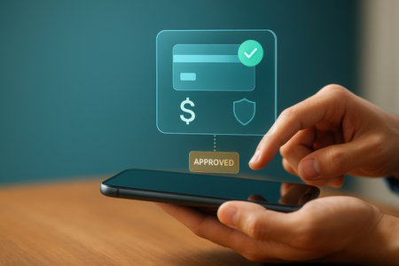 Payment online concept. Hand holding smartphone with credit card and shield icon.の素材