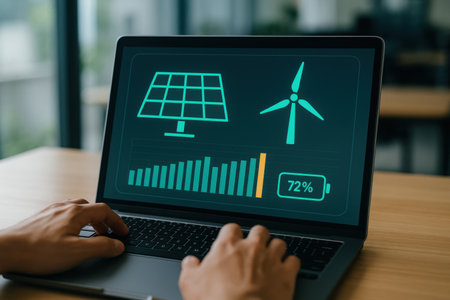 Hands using laptop with solar panel and wind turbine icon on screenの素材
