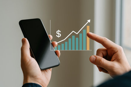 businessman hand holding smartphone with stock market graph and chart on screenの素材