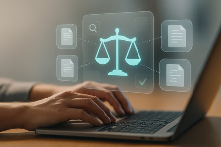 justice and law concept with businessman working on laptop computer at office deskの素材