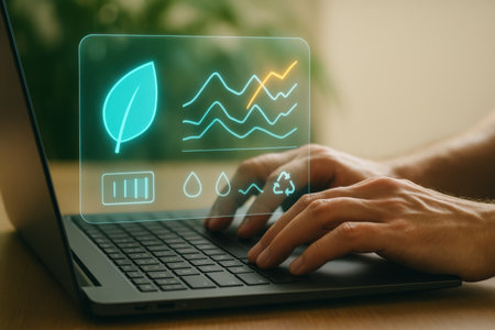 Close up of male hands using laptop with green energy icon on screenの素材