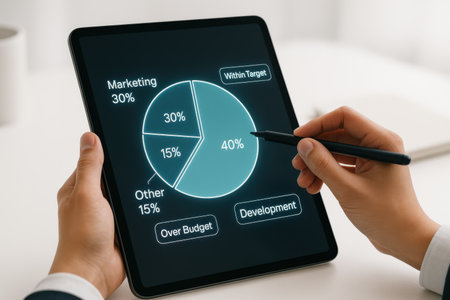 Female hands with tablet computer and pie chart on screen, closeupの素材