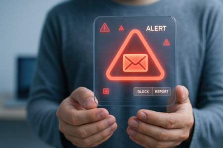 Close up of man hand holding mobile phone with alert notification on screenの素材