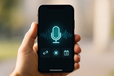 male hand holding smartphone with voice assistant app on screen on blurred backgroundの素材