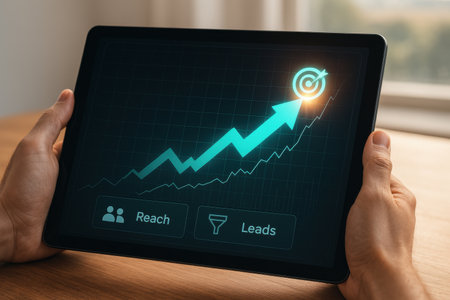 Male hands holding a tablet with financial growth graph on the screen.の素材