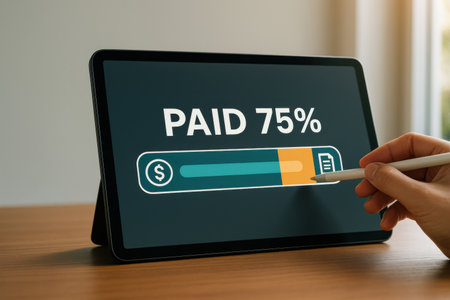 Hand holding pencil and touching tablet with Paid 75 percent on screen.の素材