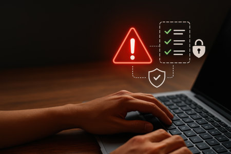 Hacker using laptop with warning sign on dark background, closeupの素材