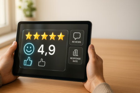 Customer reviews concept on tablet screen. Customer experience and satisfaction survey.の素材