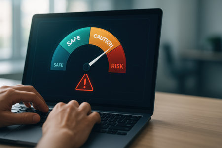Conceptual image of risk assessment with a man using a laptopの素材