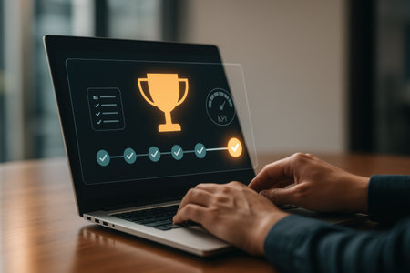 Hands typing on laptop with trophy icon on screen. Success concept.の素材
