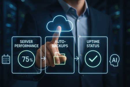 Businessman pressing cloud computing button on the virtual screen in data center roomの素材