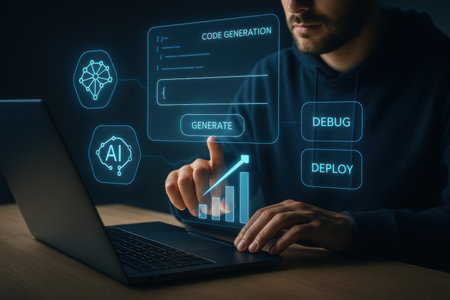 Hacker working on laptop with digital interface. Cryptocurrency conceptの素材