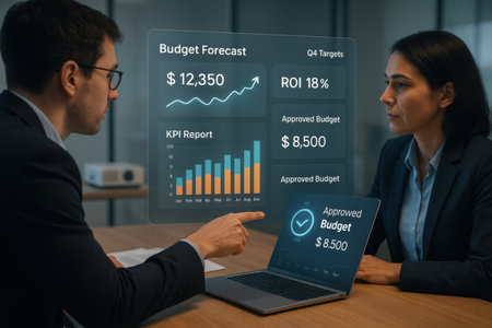 Business people working on laptop in modern office. Businessman using digital tablet with financial charts on screen.の素材