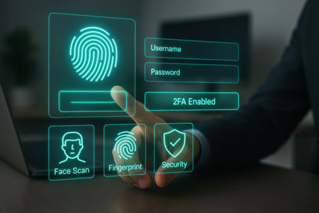 Cyber security concept with a man pressing a button on a touch screen interfaceの素材