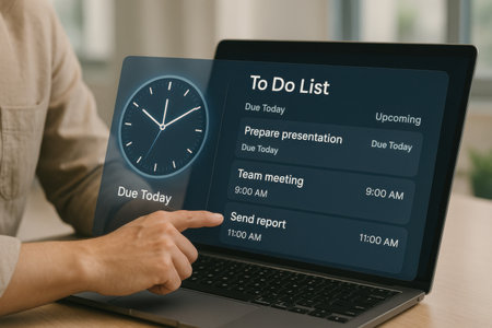 Close-up Of Businessman Hand Using Laptop With Digital Schedule On Screenの素材