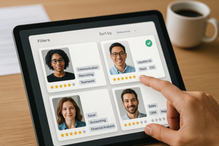 business, people, technology and communication concept - close up of male hand pointing finger to tablet pc computer screen with video conference app on screenの素材