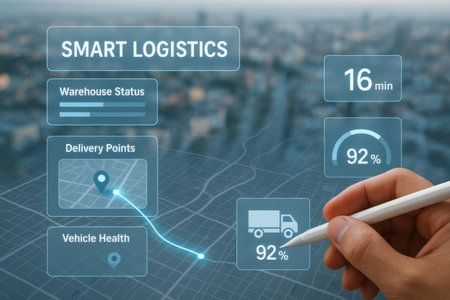 Smart logistics concept. Hand holding pen and drawing on virtual screen.の素材