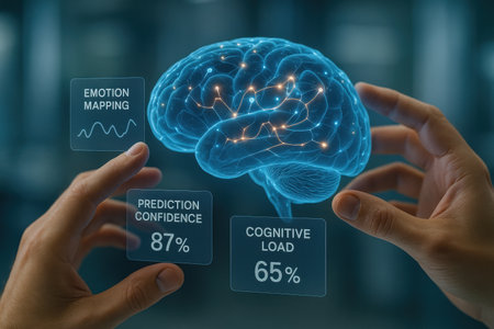 Digital composite of Hand touching interface with brain against blue background 3dの素材