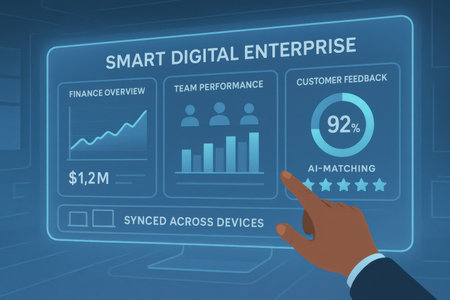 Digital composite of Hand touching smart tablet with statistics on screen against blue backgroundの素材