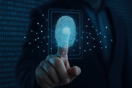 Fingerprint scan provides security access with biometrics identification.の素材