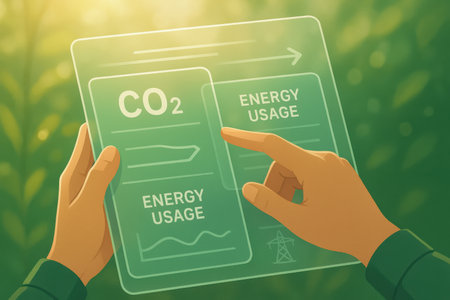 Hands holding tablet with CO2 emissions on the screen. Concept of carbon emissionの素材