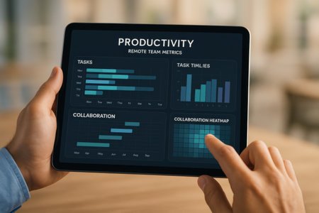 Close-up of female hands holding tablet with project management application on screenの素材
